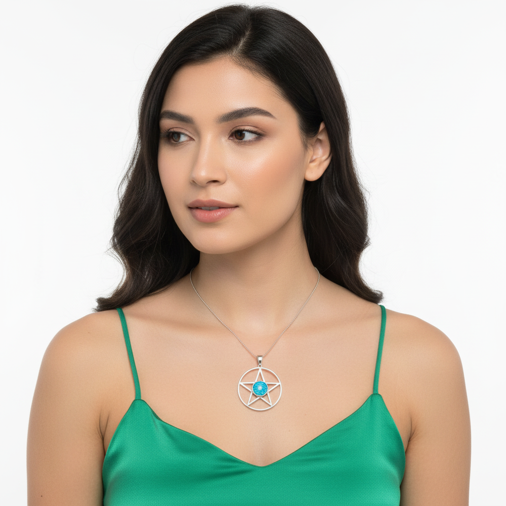 Model wearing silver 925 pentagram memorial pendant at true scale