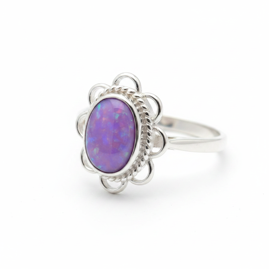 Silver 925 frill edge memorial ring — lavender purple opal flakes resin in 7x5mm oval setting, scalloped petal frill border and rope inner frame