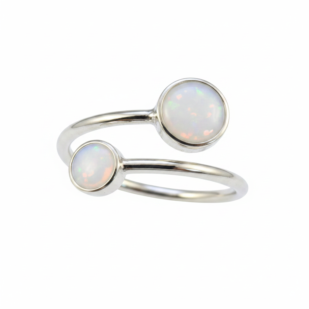Silver 925 adjustable bypass memorial ring — white pearl opal flakes resin in both 4mm and 6mm round settings