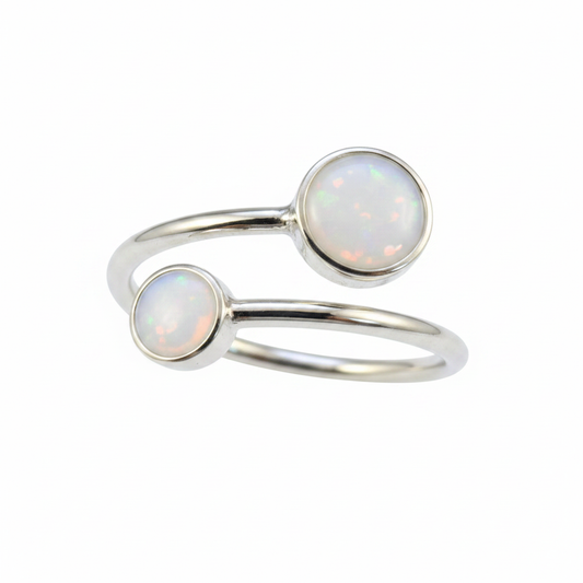 Silver 925 adjustable bypass memorial ring — white pearl opal flakes resin in both 4mm and 6mm round settings