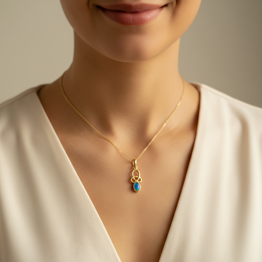 Model wearing 9ct gold dainty Celtic knot memorial pendant showing true scale on collarbone