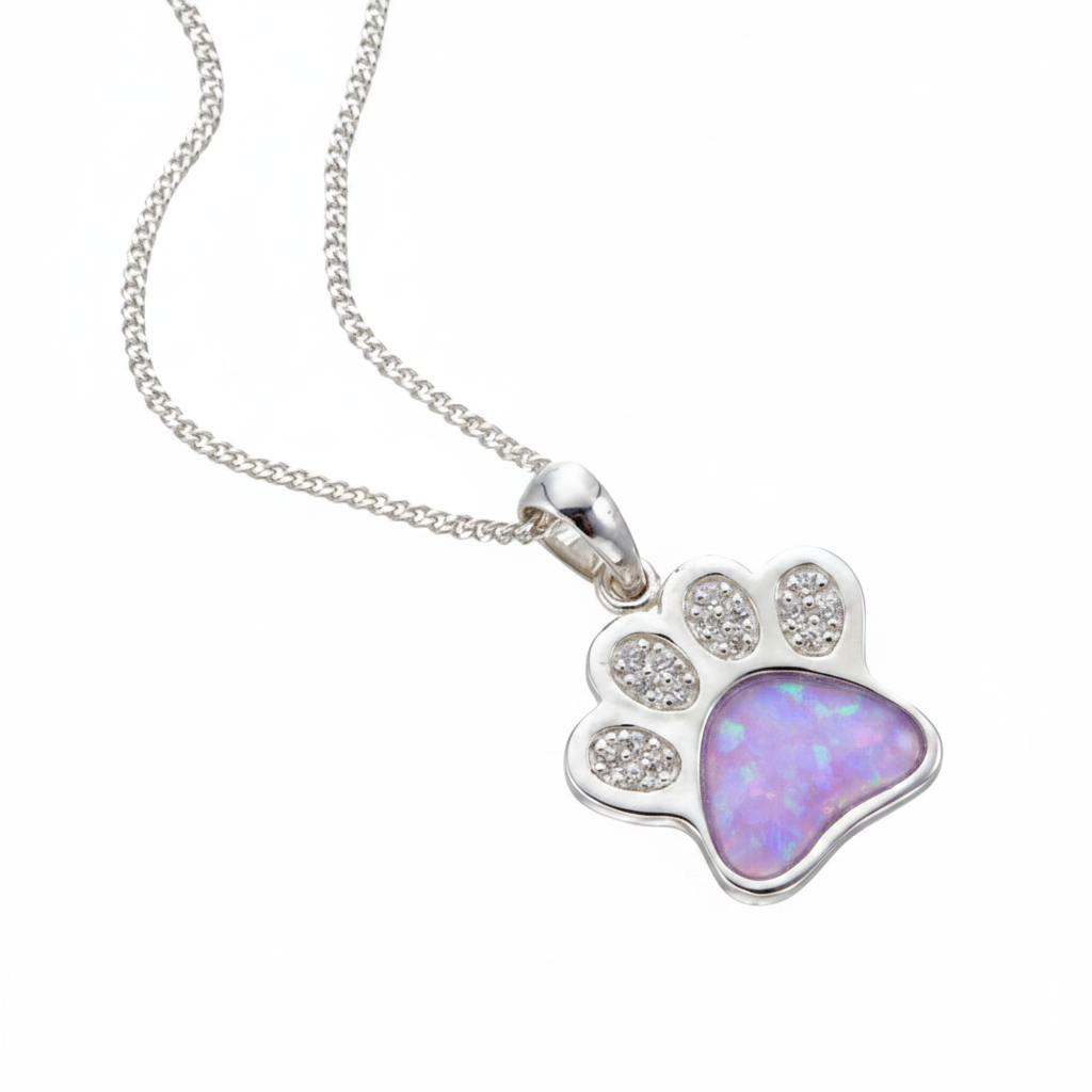 CZ Paw Print Pendant Necklace 925 Sterling Silver with lavender purple opal flake inclusion in main pad