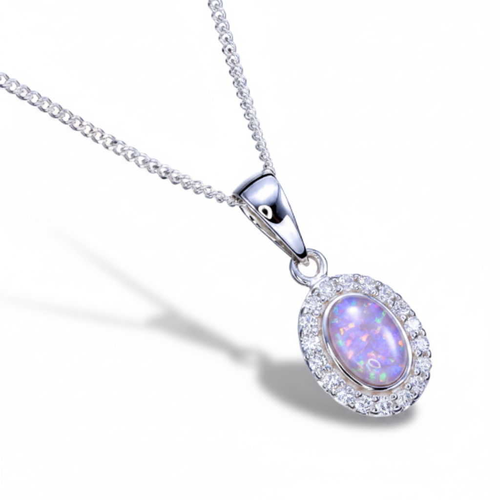 Oval CZ Halo Pendant Necklace 925 Sterling Silver with lavender purple opal flake inclusion