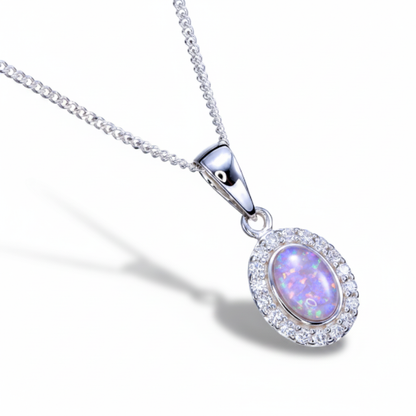 Oval CZ Halo Pendant Necklace 925 Sterling Silver with lavender purple opal flake inclusion