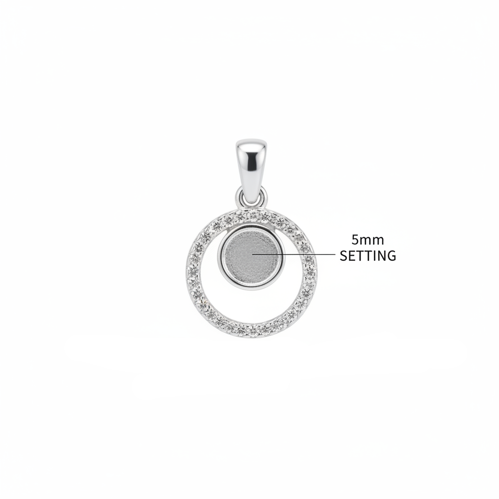 Silver 925 double circle CZ memorial pendant dimensions — 5mm round centre setting