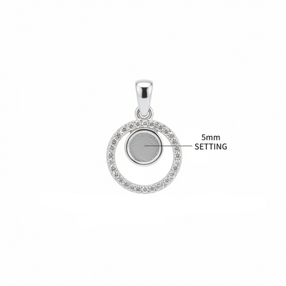 Silver 925 double circle CZ memorial pendant dimensions — 5mm round centre setting