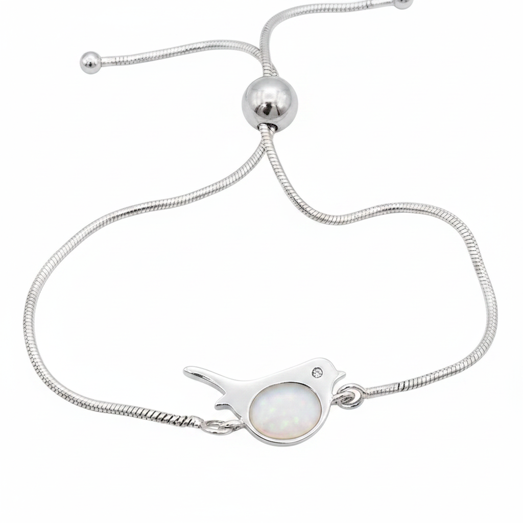 Robin silver snake chain bracelet with white pearl opal resin in robin bezel, white background