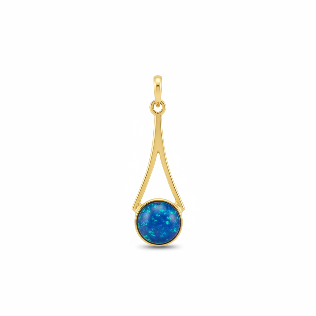 9ct gold elongated teardrop wire memorial pendant with deep blue iridescent opal flakes
