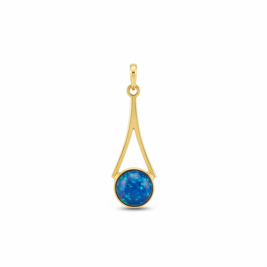9ct gold elongated teardrop wire memorial pendant with deep blue iridescent opal flakes