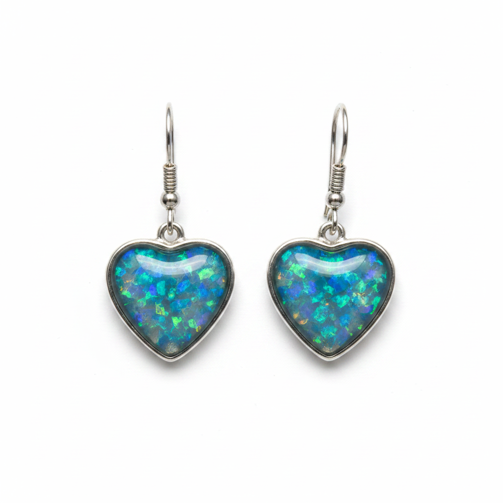 Silver 925 heart drop earrings - blue teal opal