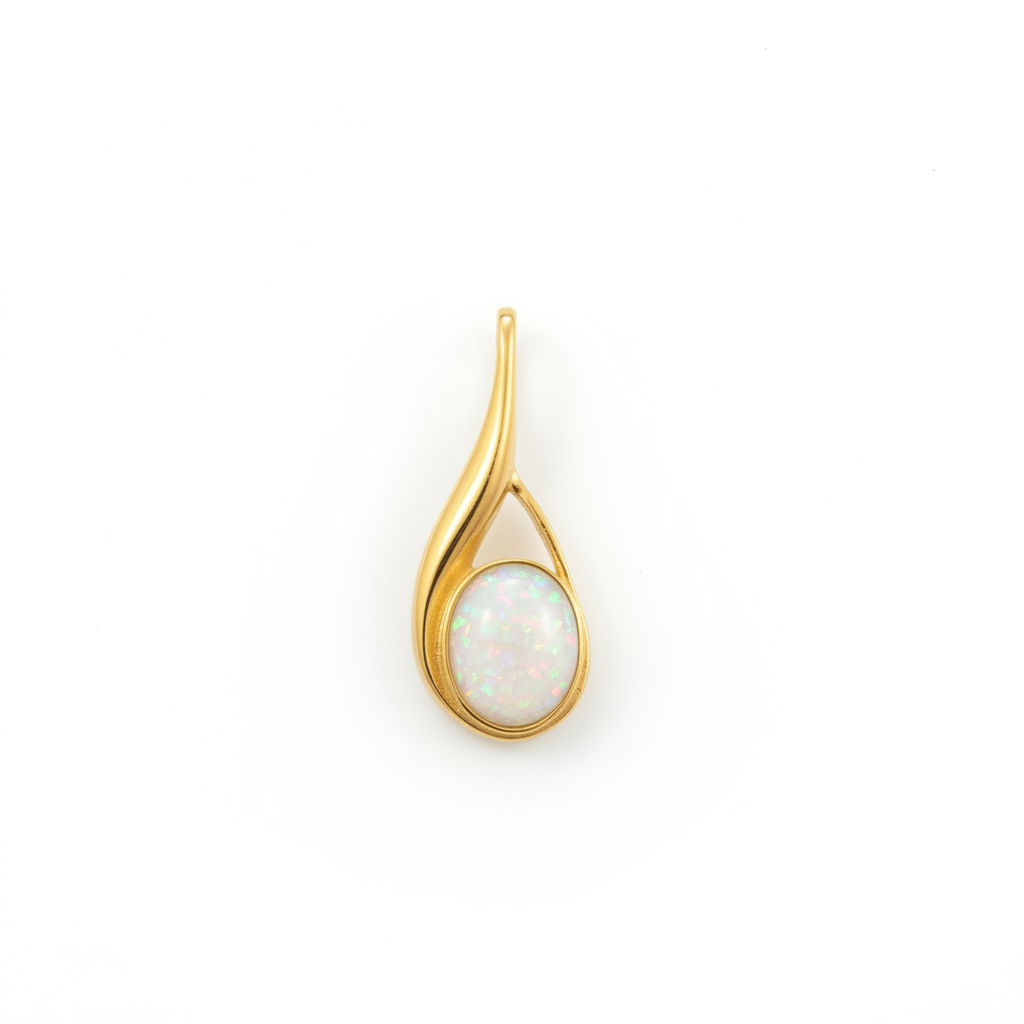 9ct gold teardrop swirl memorial pendant with white mica and opal flakes