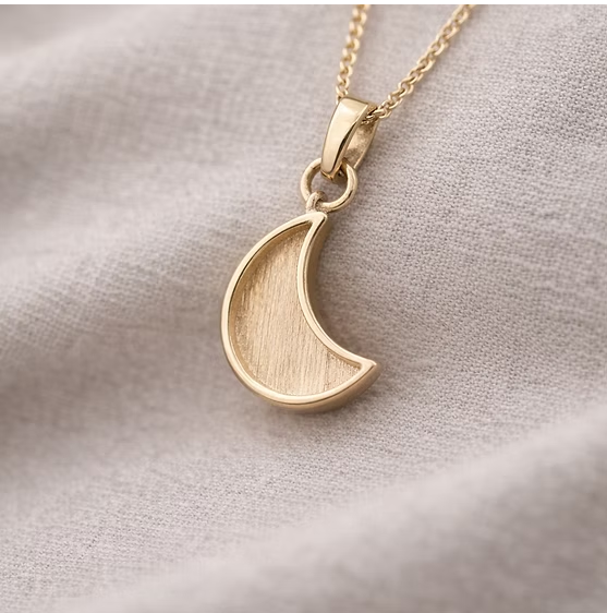 9ct yellow gold crescent moon pendant on delicate gold chain, smooth concave moon setting blank for resin inclusion