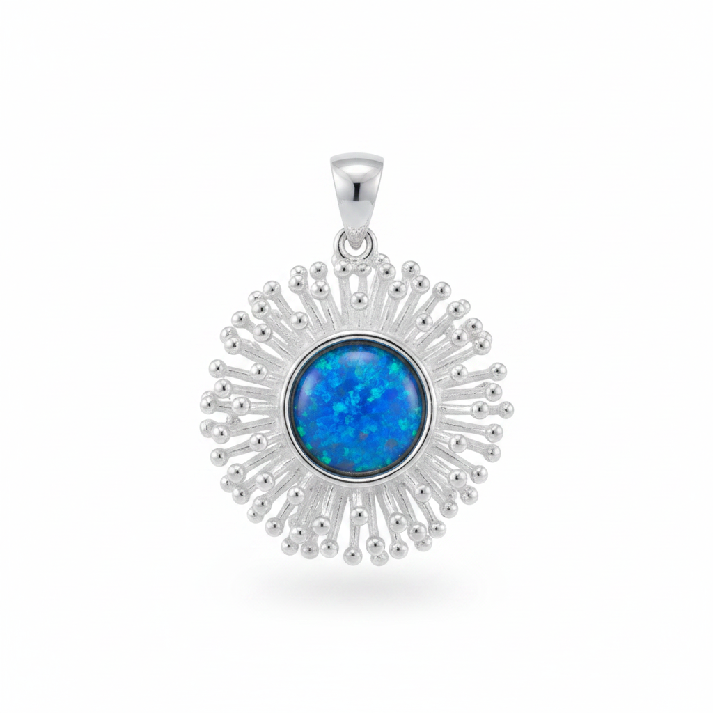 Silver 925 starburst memorial pendant with blue opal flakes, white background