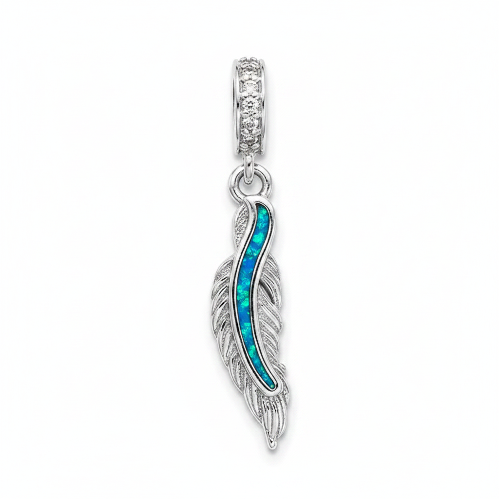 925 Silver CZ Feather Dangle Memorial Charm – blue teal opal inclusion