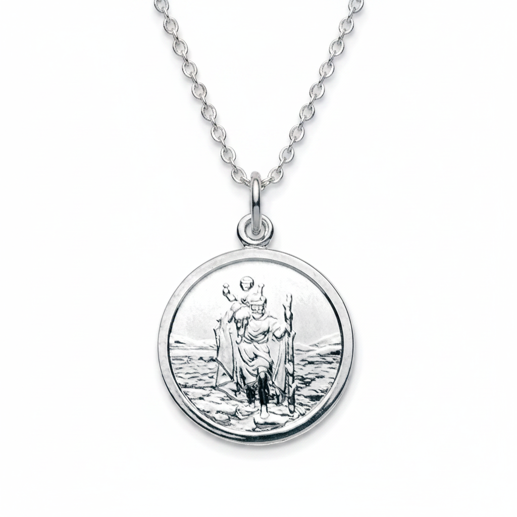 925 sterling silver St Christopher pendant 16mm on fine silver chain with ring bail — Lovely Oxford
