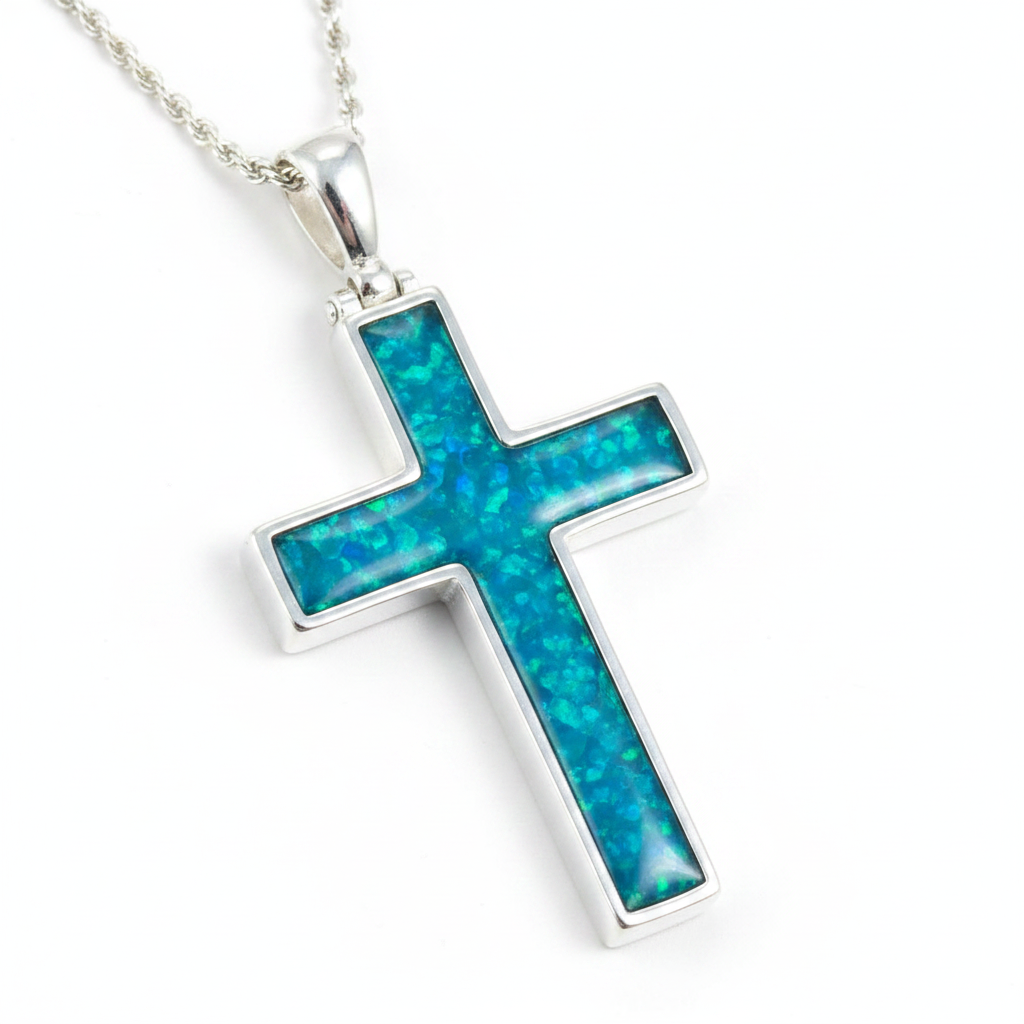 Silver 925 cross memorial pendant — blue teal opal flakes resin filling full cross channel