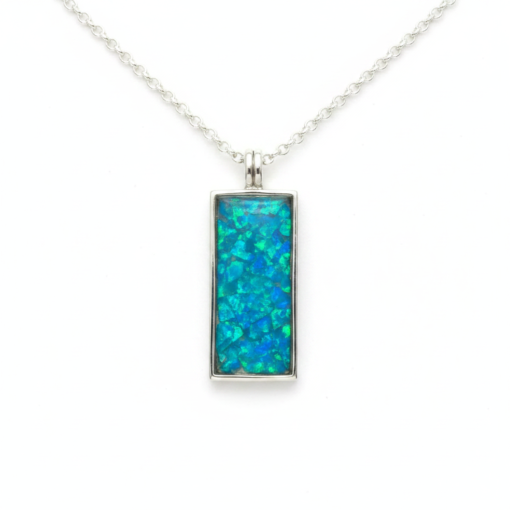925 sterling silver rectangle dog tag memorial pendant necklace with blue teal opal resin on white background