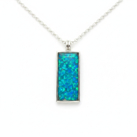 925 sterling silver rectangle dog tag memorial pendant necklace with blue teal opal resin on white background
