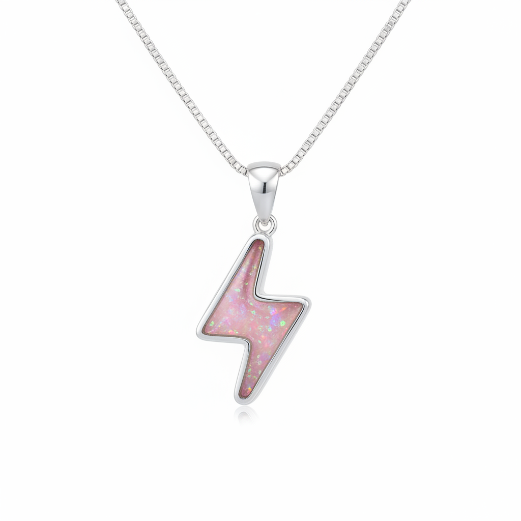 Silver 925 lightning bolt memorial pendant with pink opal resin on chain, white background