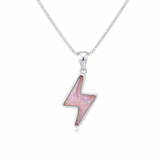 Silver 925 lightning bolt memorial pendant with pink opal resin on chain, white background