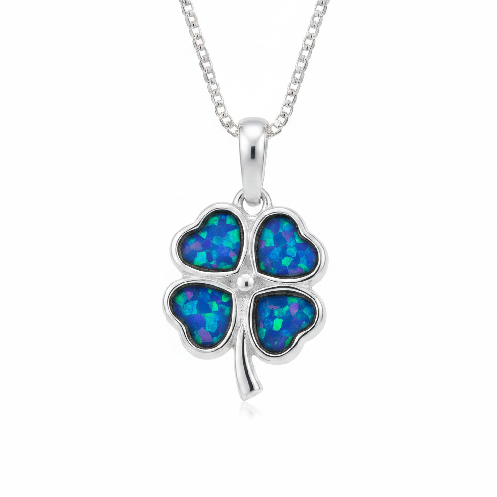 Silver 925 four leaf clover memorial pendant with blue opal resin on chain, white background