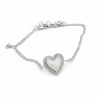 Heart CZ silver curb chain bracelet with white pearl opal resin in CZ halo heart bezel, white background