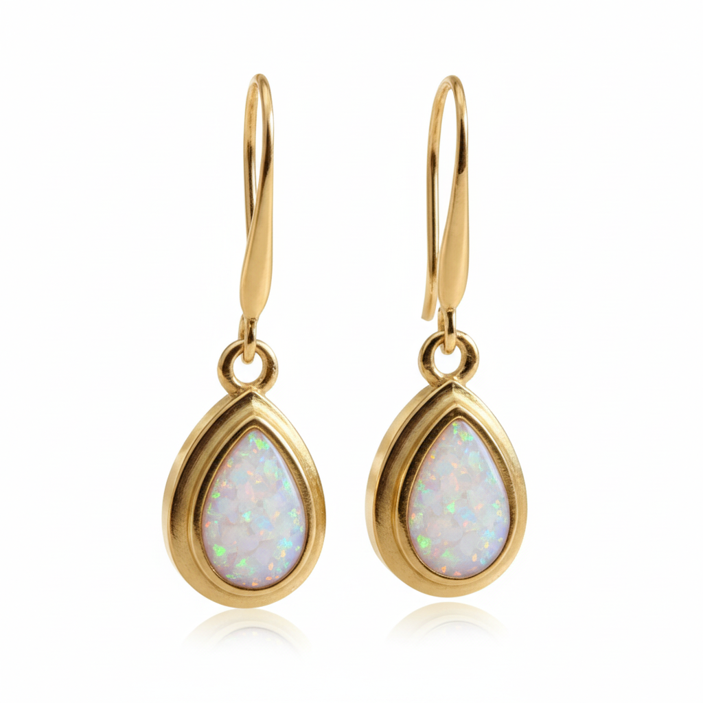 9ct gold pear drop earrings with white pearl iridescent opal flakes – white background