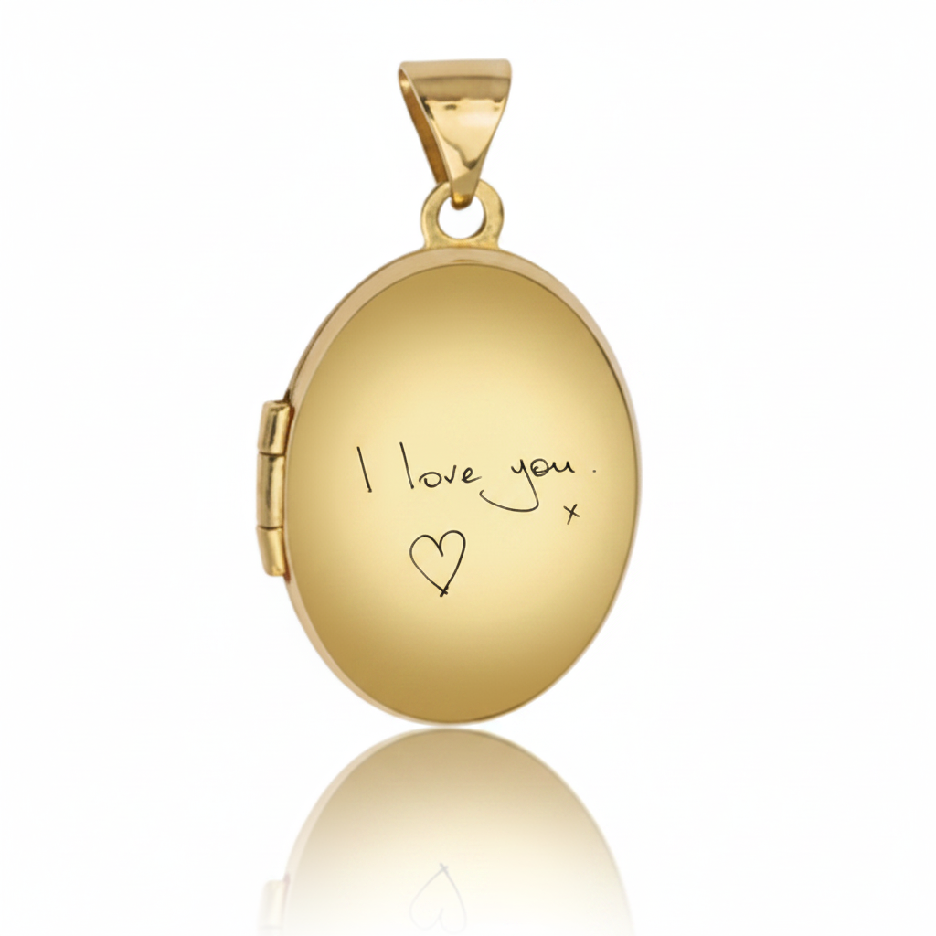 9ct yellow gold oval locket reverse with personalised handwriting laser engraving — Lovely Oxford