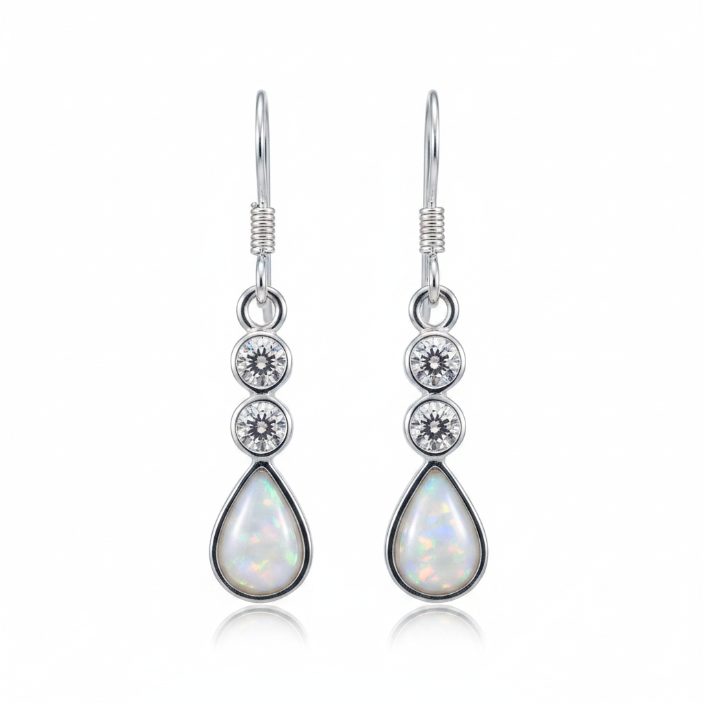 Silver 925 CZ teardrop drop earrings - white pearl opal resin