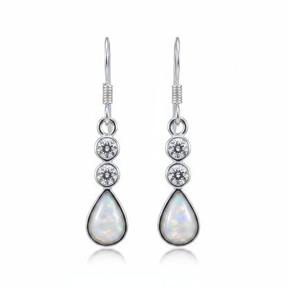 Silver 925 CZ teardrop drop earrings - white pearl opal resin