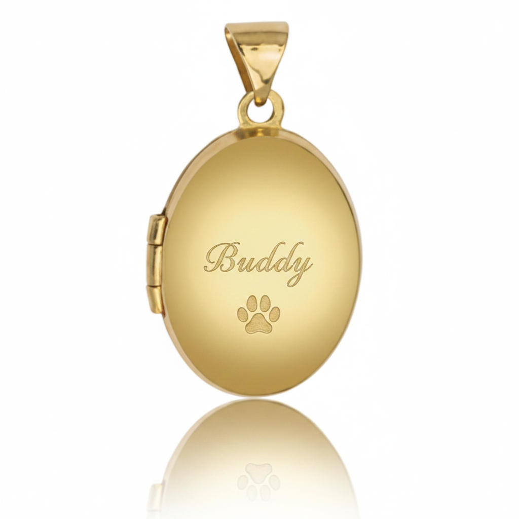 9ct yellow gold oval locket reverse with pet name and paw print laser engraving — Lovely Oxford
