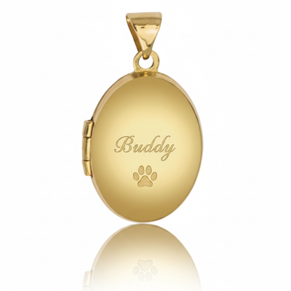 9ct yellow gold oval locket reverse with pet name and paw print laser engraving — Lovely Oxford