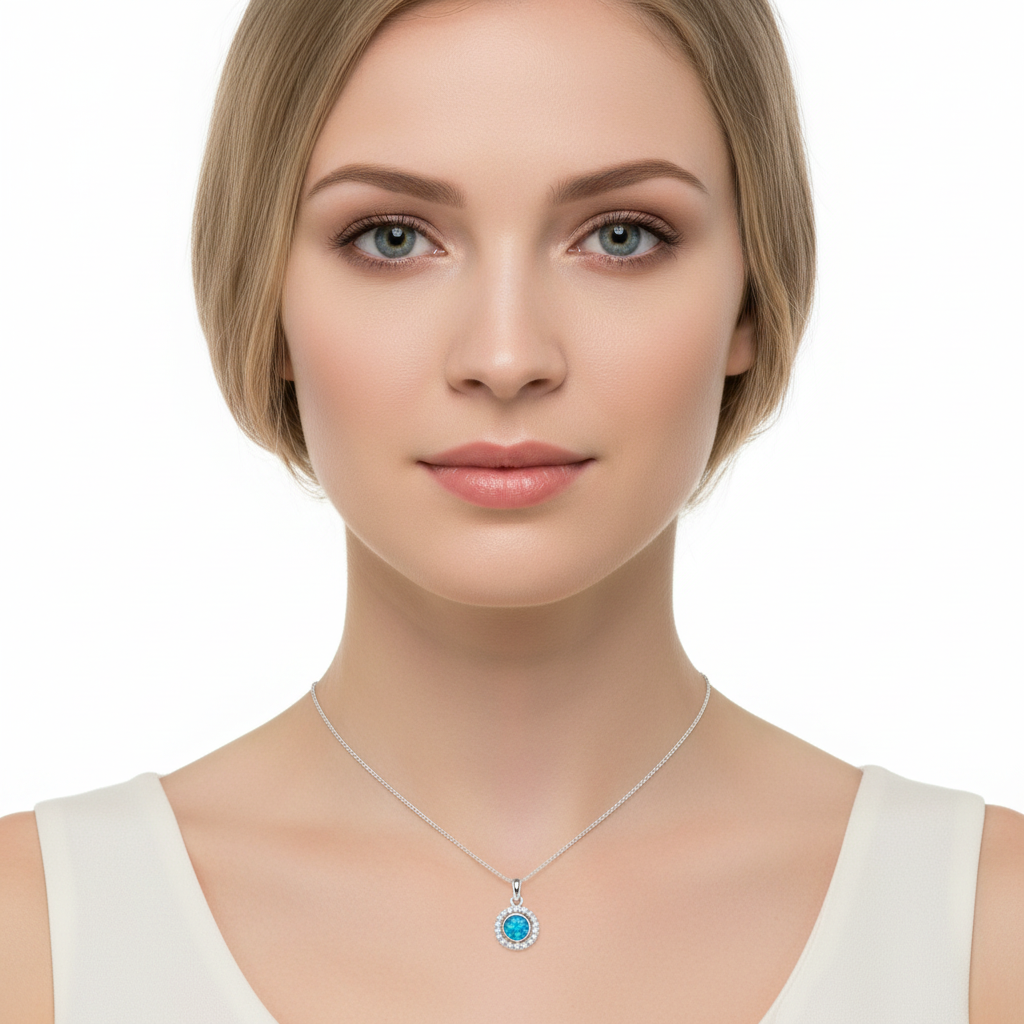 Model wearing silver 925 round halo CZ memorial pendant at true 11mm scale