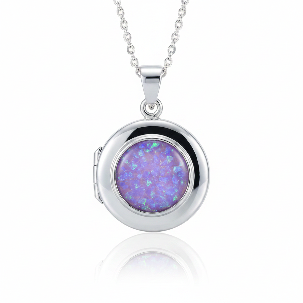 Silver 925 round hinged locket with lavender purple opal resin in 9mm setting on white background