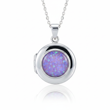 Silver 925 round hinged locket with lavender purple opal resin in 9mm setting on white background