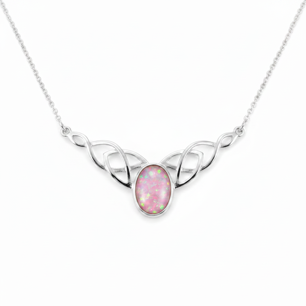 Silver 925 Celtic triquetra bar memorial necklace with pink opal flakes, white background