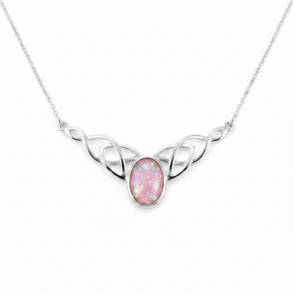 Silver 925 Celtic triquetra bar memorial necklace with pink opal flakes, white background