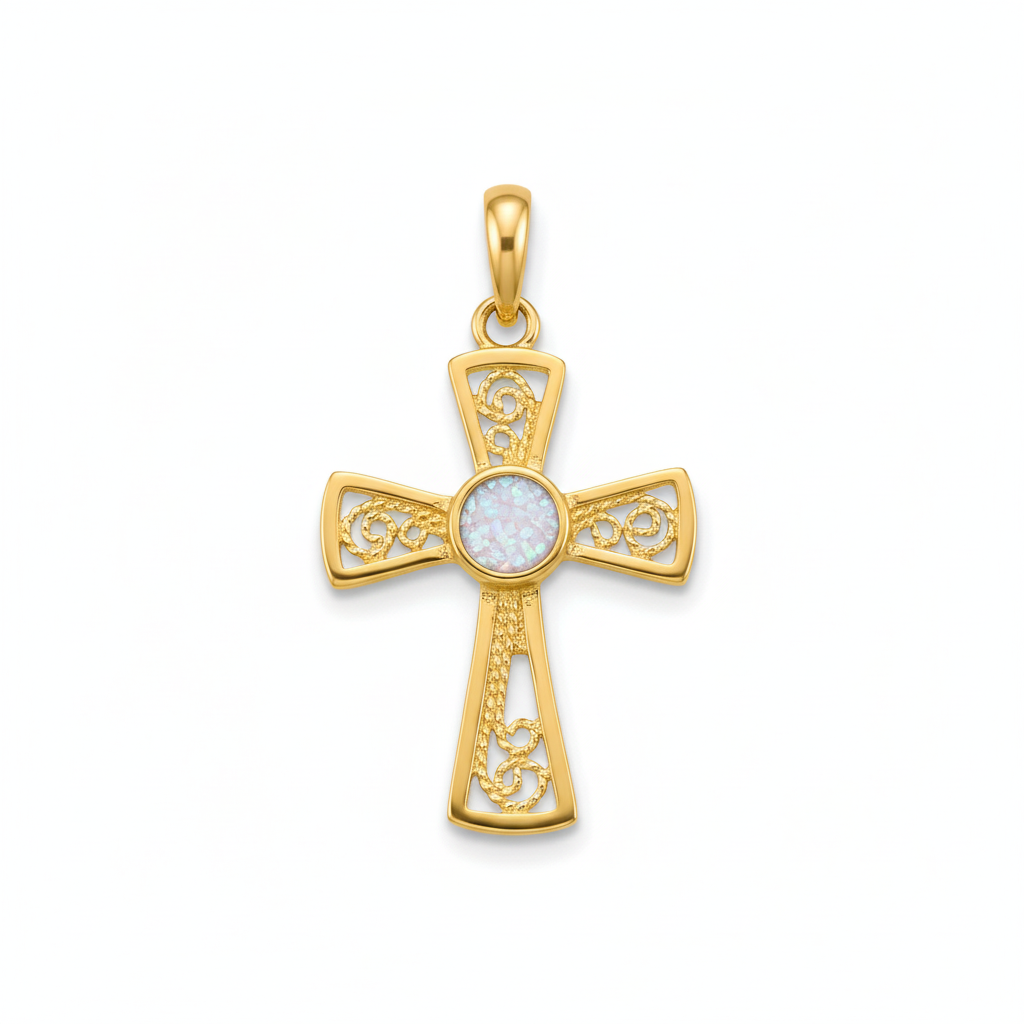 9ct gold filigree cross memorial pendant with white pearl iridescent opal flakes – white background