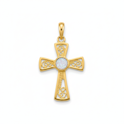 9ct gold filigree cross memorial pendant with white pearl iridescent opal flakes – white background