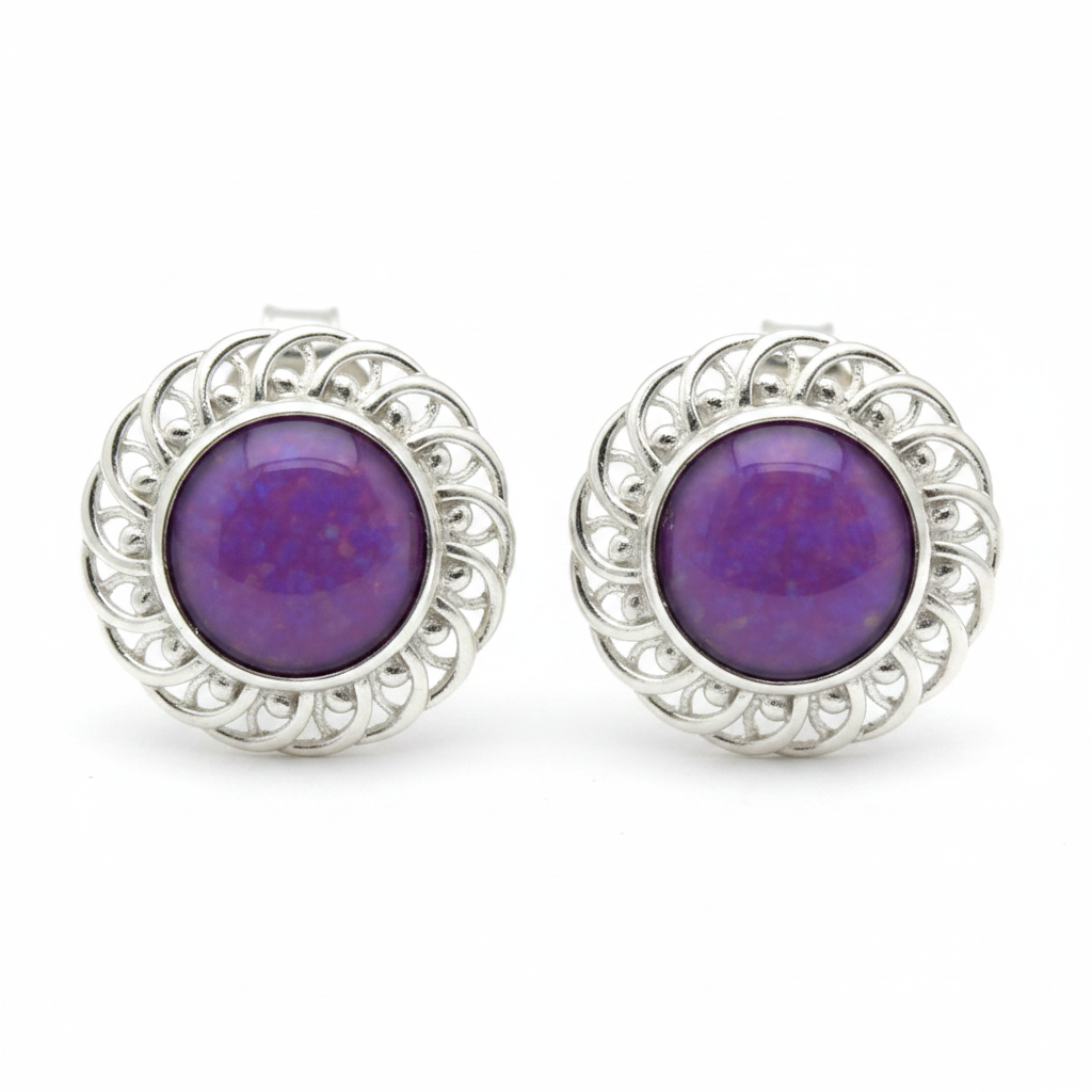 Silver 925 filigree scroll memorial stud earrings — lavender purple opal flakes resin in 6mm round centre cup
