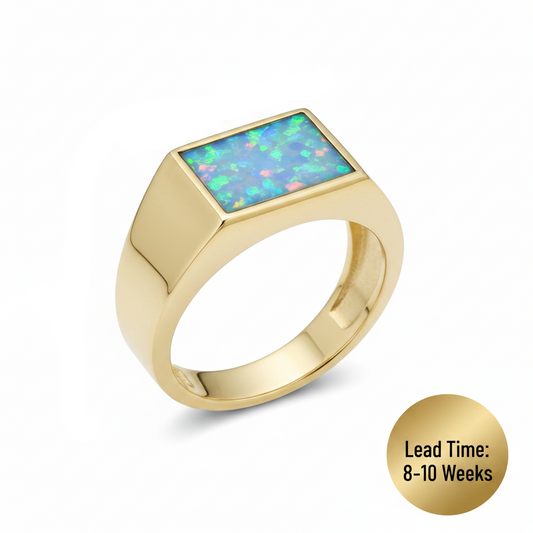 9ct gold gents rectangular signet ring dimensions guide, white background, lead time 8-10 weeks