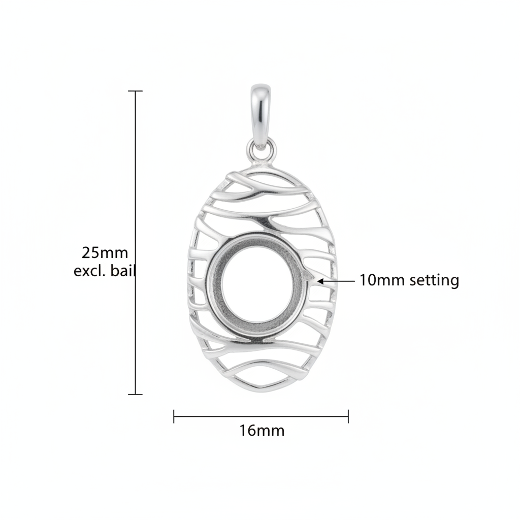 Silver 925 oval wave memorial pendant dimensions — 25x16mm excl. bail, 10mm round centre