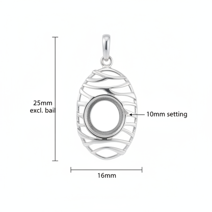 Silver 925 oval wave memorial pendant dimensions — 25x16mm excl. bail, 10mm round centre