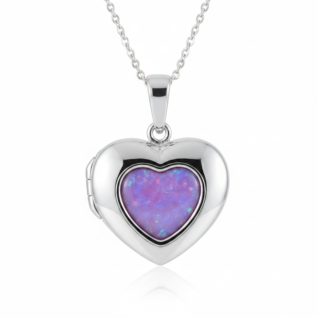 Solis silver 925 heart locket with lavender purple opal resin setting