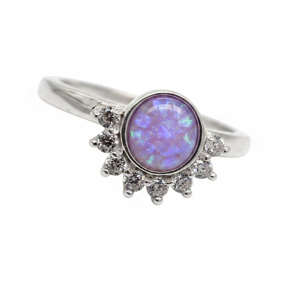 Round half halo CZ bezel 925 silver ring with lavender purple opal resin centre on white background
