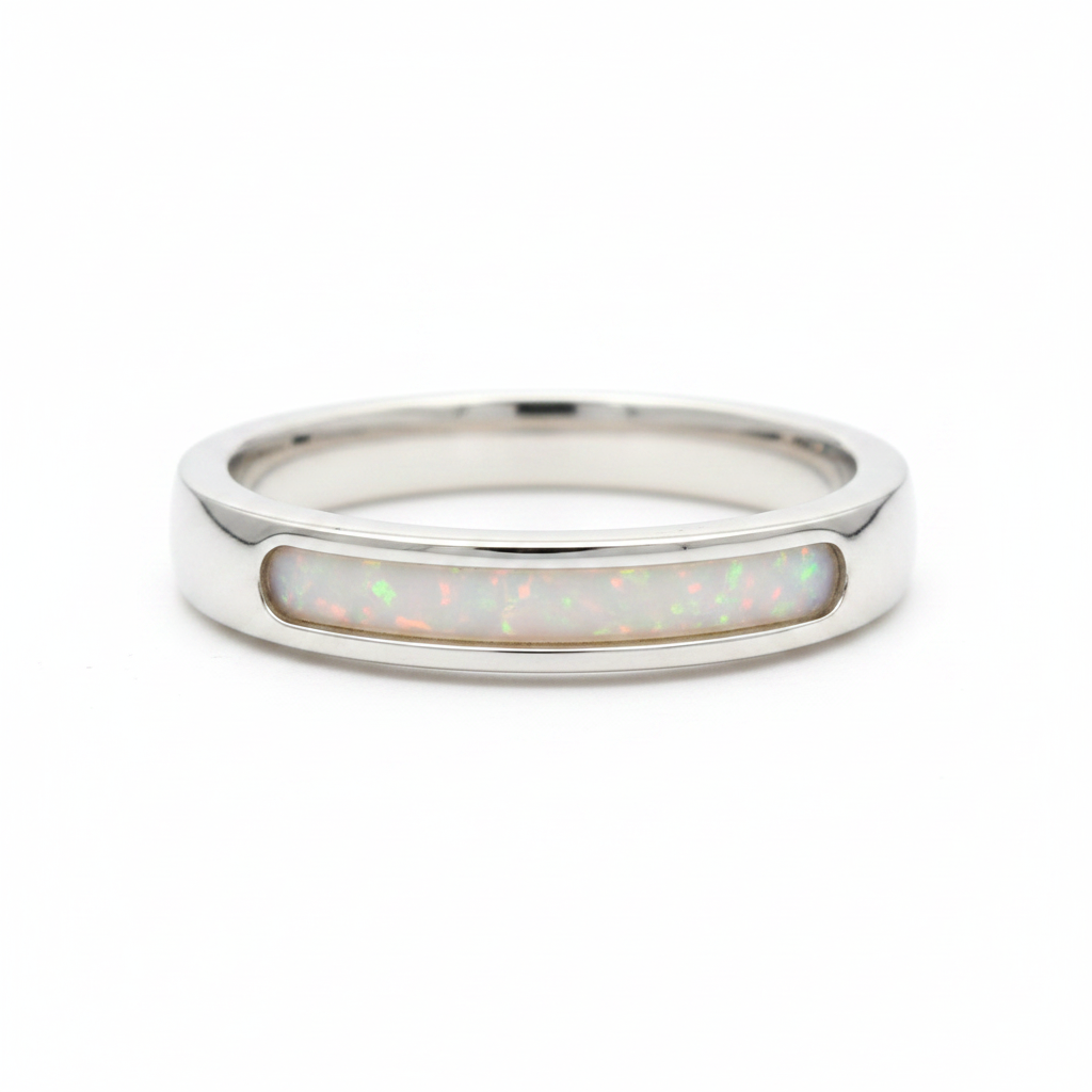 Rounded 4mm Channel Band 925 Silver Ring with white pearl opal resin fully flush to edges — pure white background