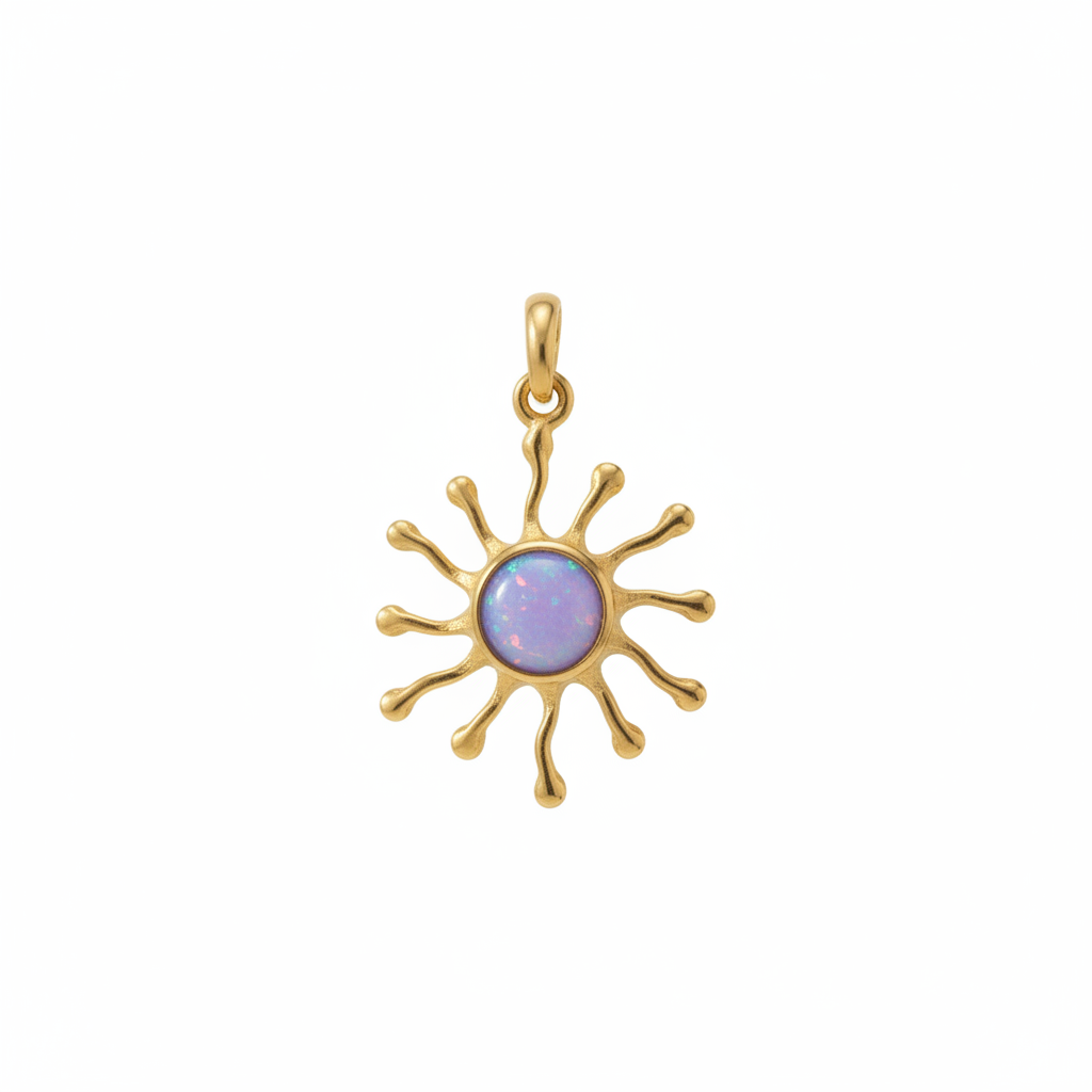 9ct gold sunburst memorial pendant with lavender iridescent opal flakes