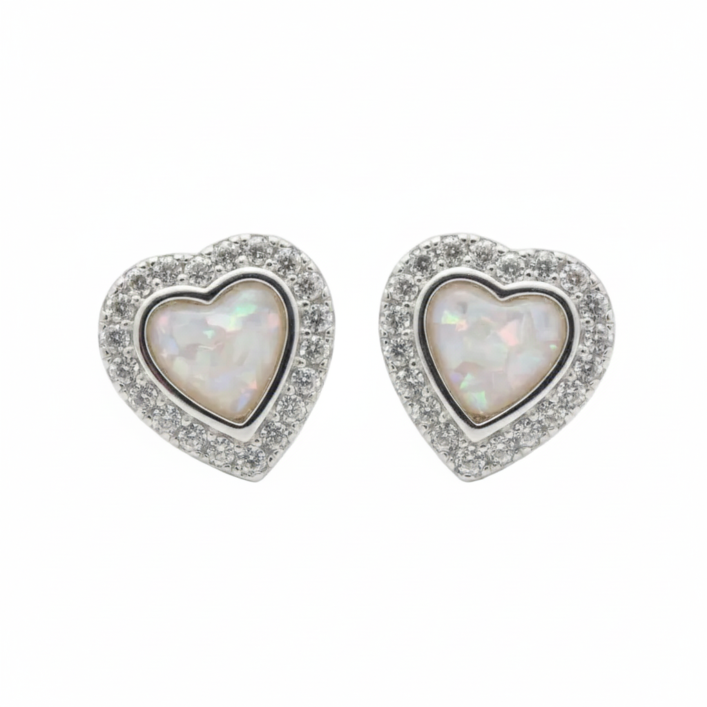 Silver 925 CZ halo heart memorial stud earrings — white pearl opal flakes resin in heart-shaped centre with sparkling CZ halo