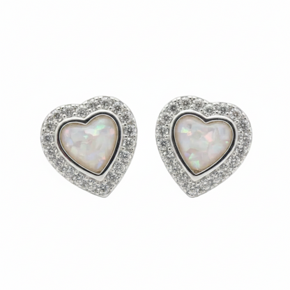 Silver 925 CZ halo heart memorial stud earrings — white pearl opal flakes resin in heart-shaped centre with sparkling CZ halo