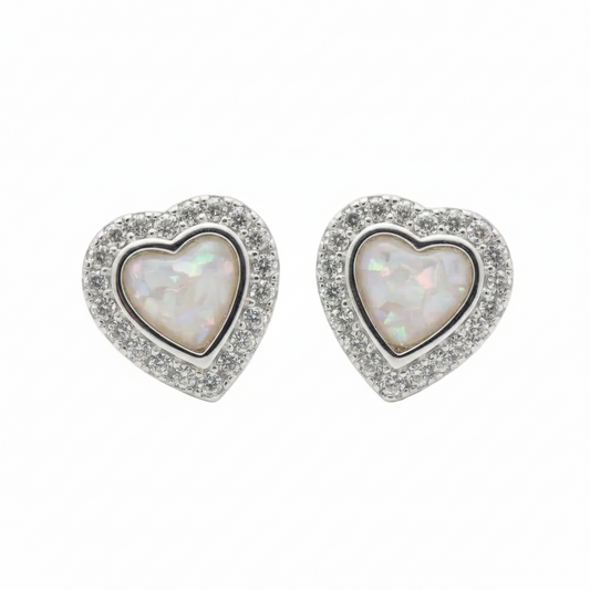 Silver 925 CZ halo heart memorial stud earrings — white pearl opal flakes resin in heart-shaped centre with sparkling CZ halo